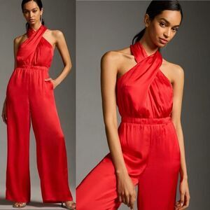 Dolan | Halter Neck Red Satin Jumpsuit